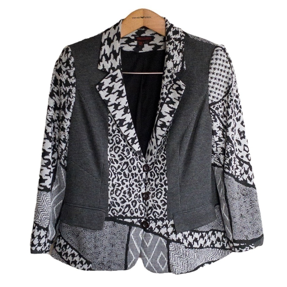 Simon Chang Blazer Jacket Black and White Leopard Cheetah Print Womens Size 14